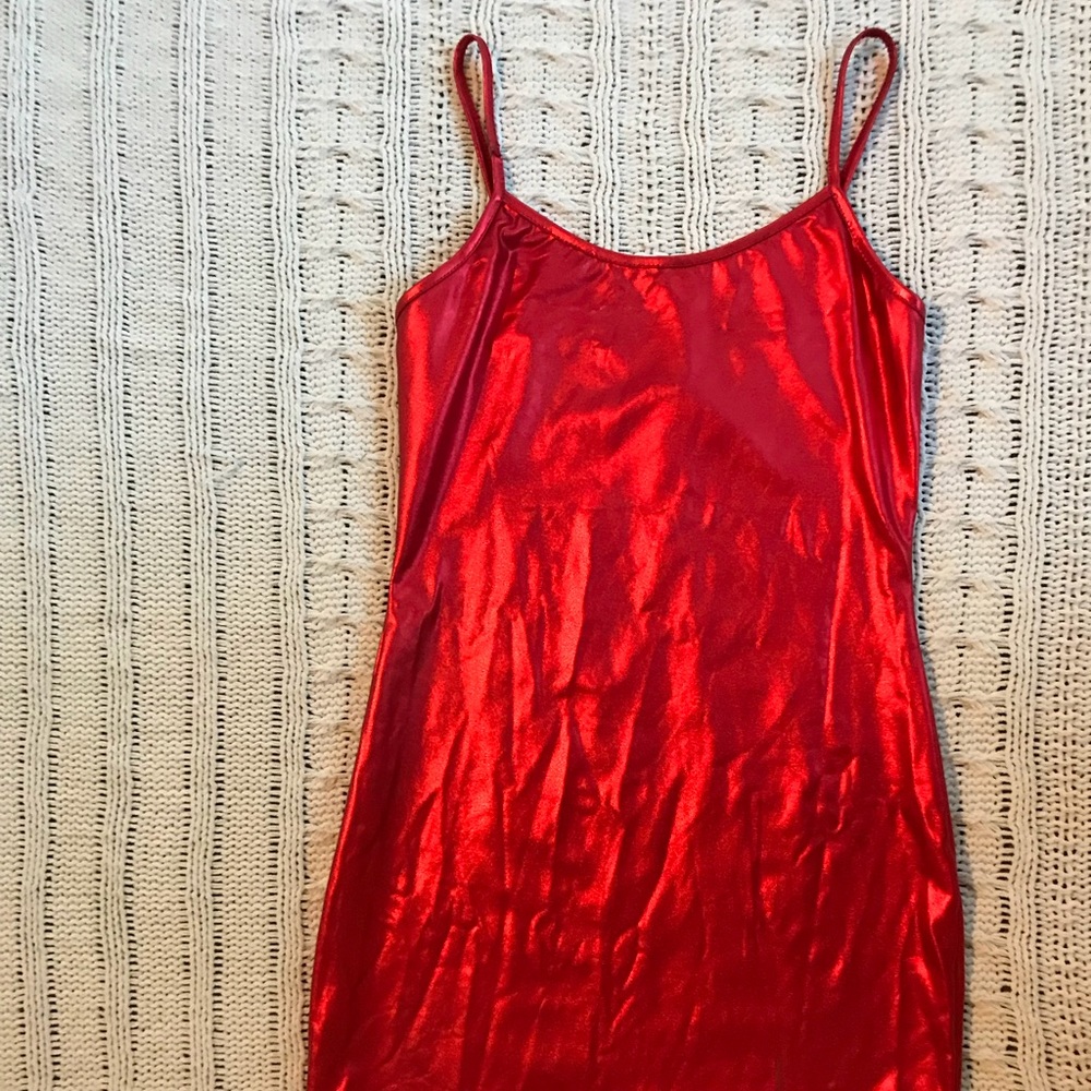 Red latex dress with thin straps